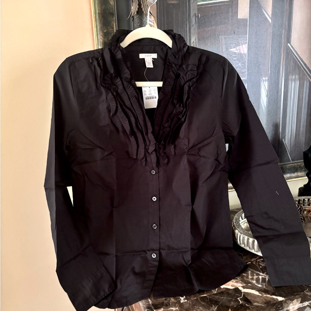 J.Crew, 100% cotton, solid black blouse with beautiful ruffled chest and collar!